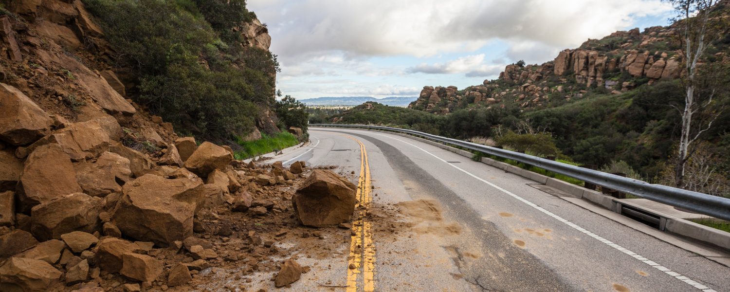 Storm related landslide blocking Santa Susana Pass Road in Los Angeles, California.